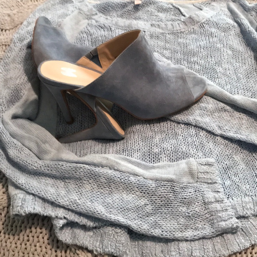Blue suede heels and matching sweater